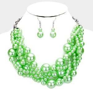 Lime green multi strand pearl necklace set